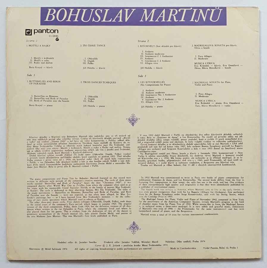 LP Bohuslav Martinů - MOTÝLI A RAJKY 