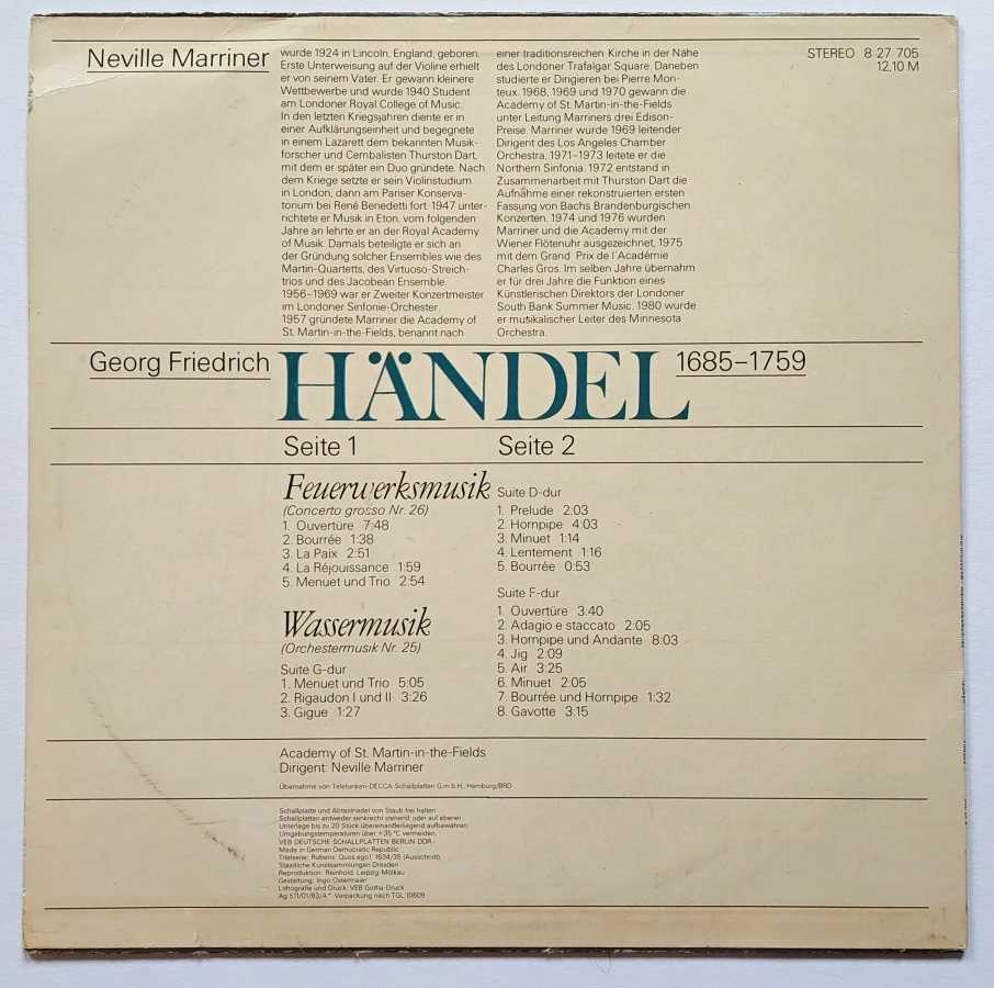 LP Georg Friedrich Händel - Feuerwerksmusik - Wassermusik