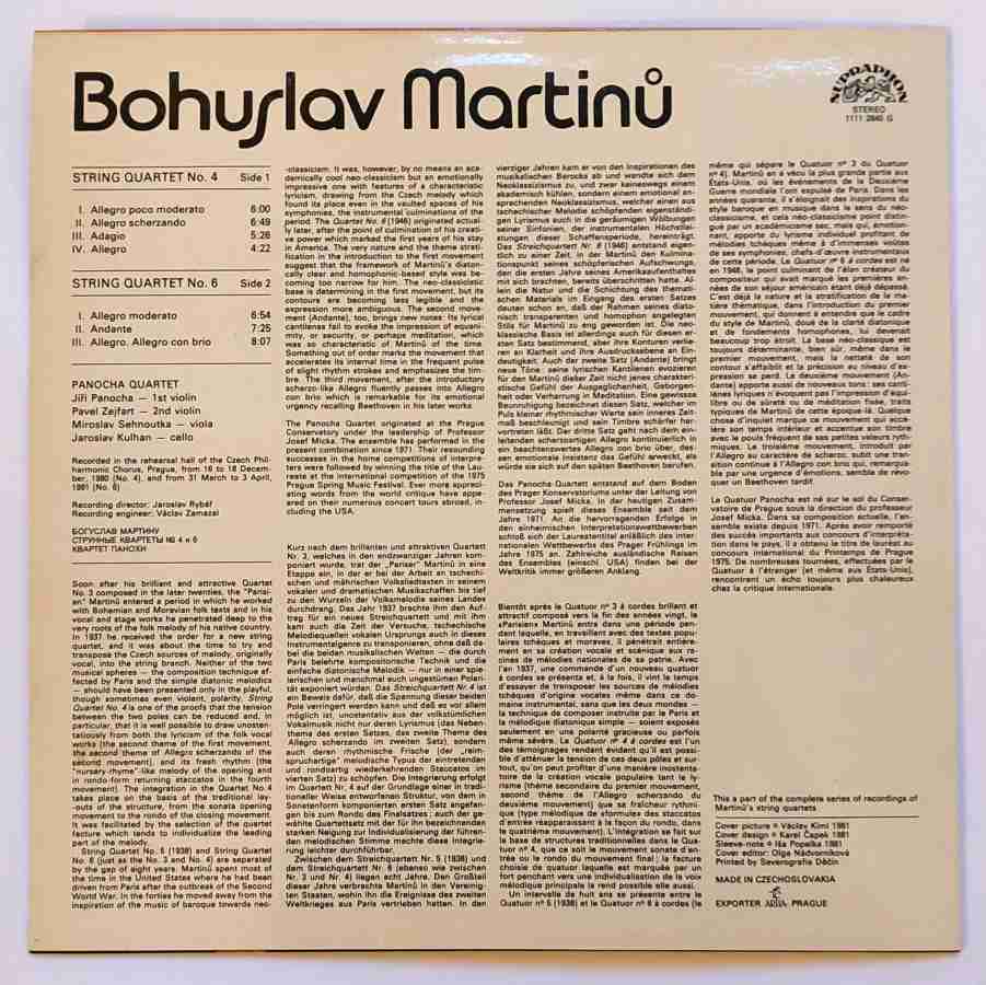 LP Bohuslav Martinů - String Quartets Nos. 4 and 6 PANOCHA QUARTET