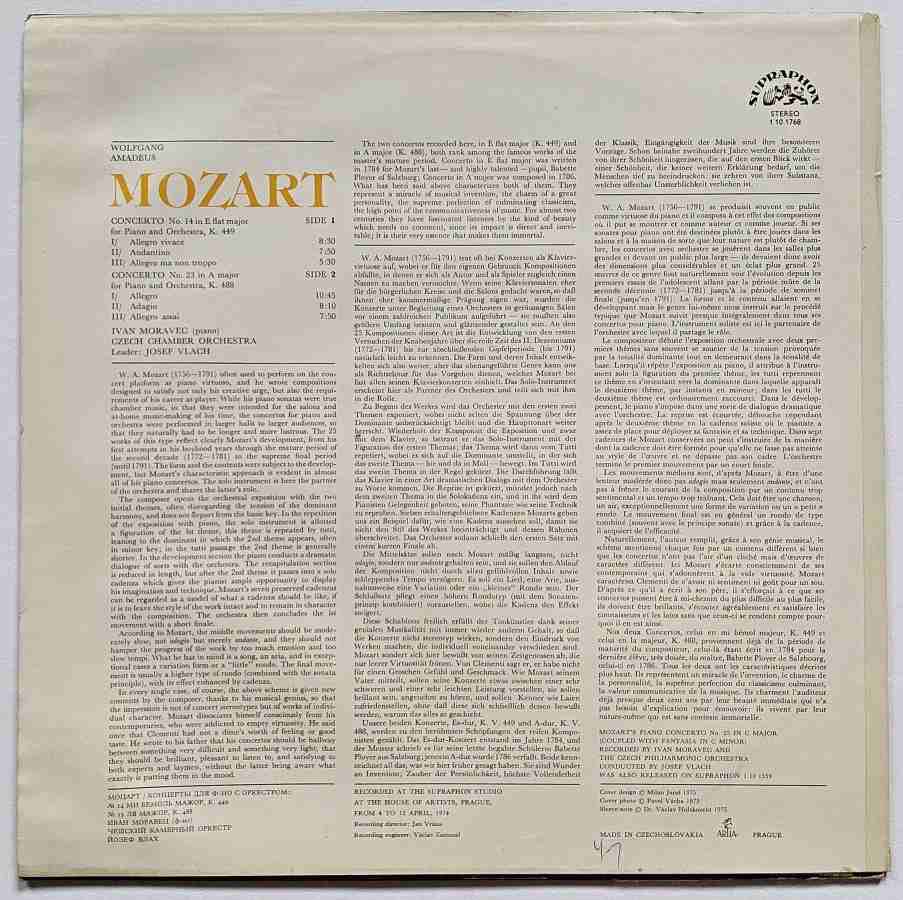 LP Wolfgang Amadeus Mozart - PIANO CONCERTOS No. 14 and No. 15 IVAN MORAVEC