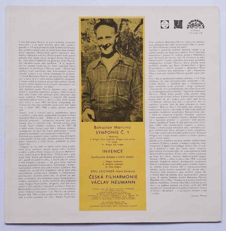 LP Bohuslav Martinů - Symfonie No 1 - INVENCE - Václav Neumann