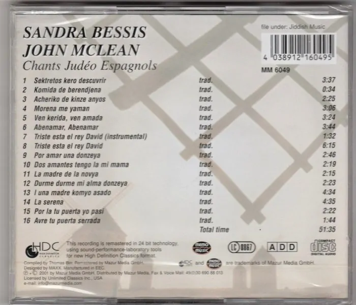 CD Sandra Bessis and John McLean Chants Judéo Espagnols