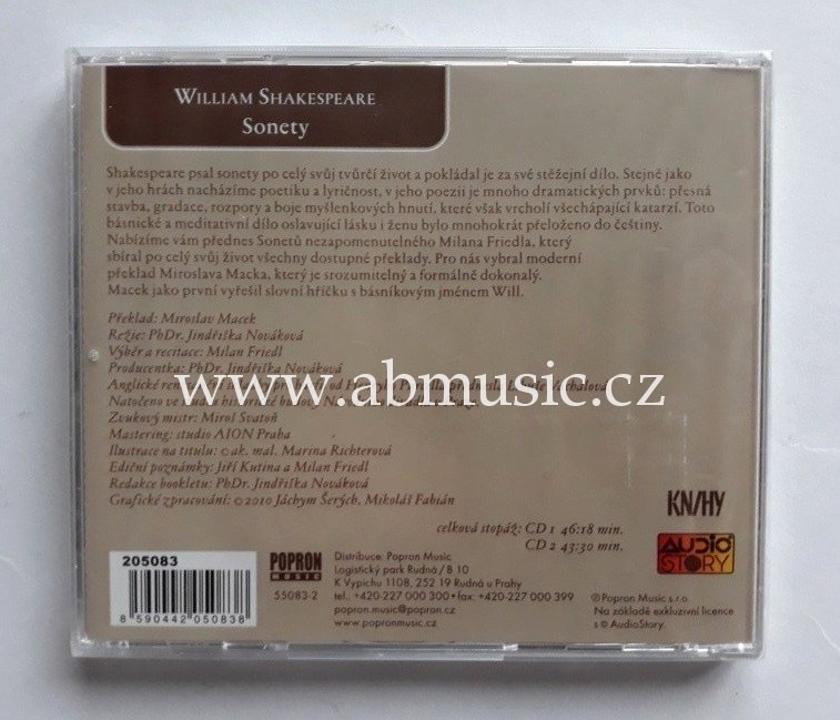 CD William Shakespeare - Sonety , recituje Milan Friedl