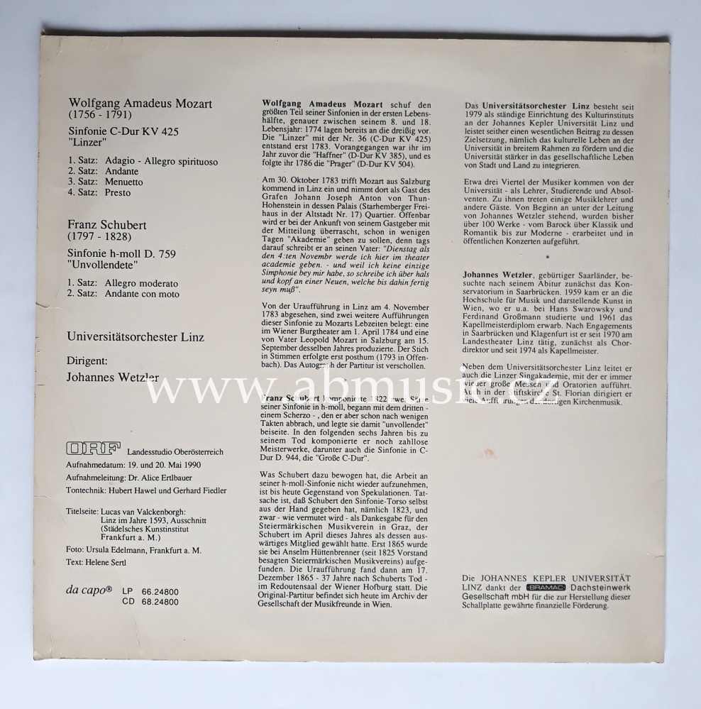 LP Mozart Linzer , Schubert Unvollendete Universitätsorchester Linz