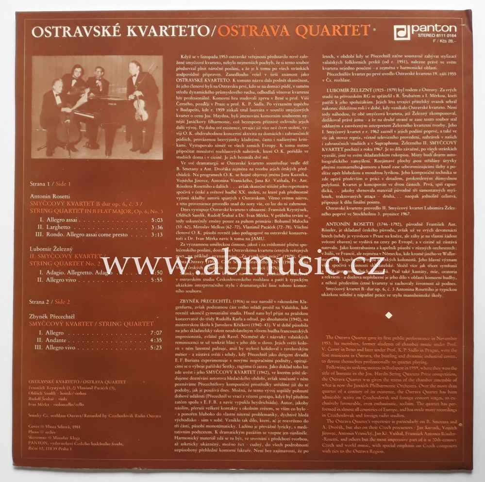 LP Ostravské Kvarteto Ostrava Quartet - Rosetti / Železný / Přecechtěl 1981