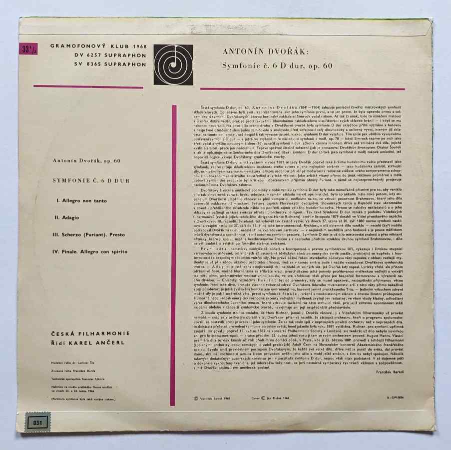 LP ANTONÍN DVOŘÁK - SYMFONIE Č. 6 D DUR 