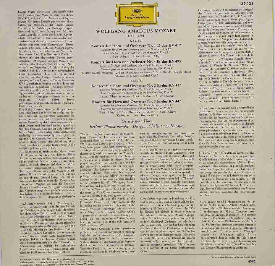 LP Wolfgang Amadeus Mozart - HORNKONZERTE KV 412, 417, 447, 495