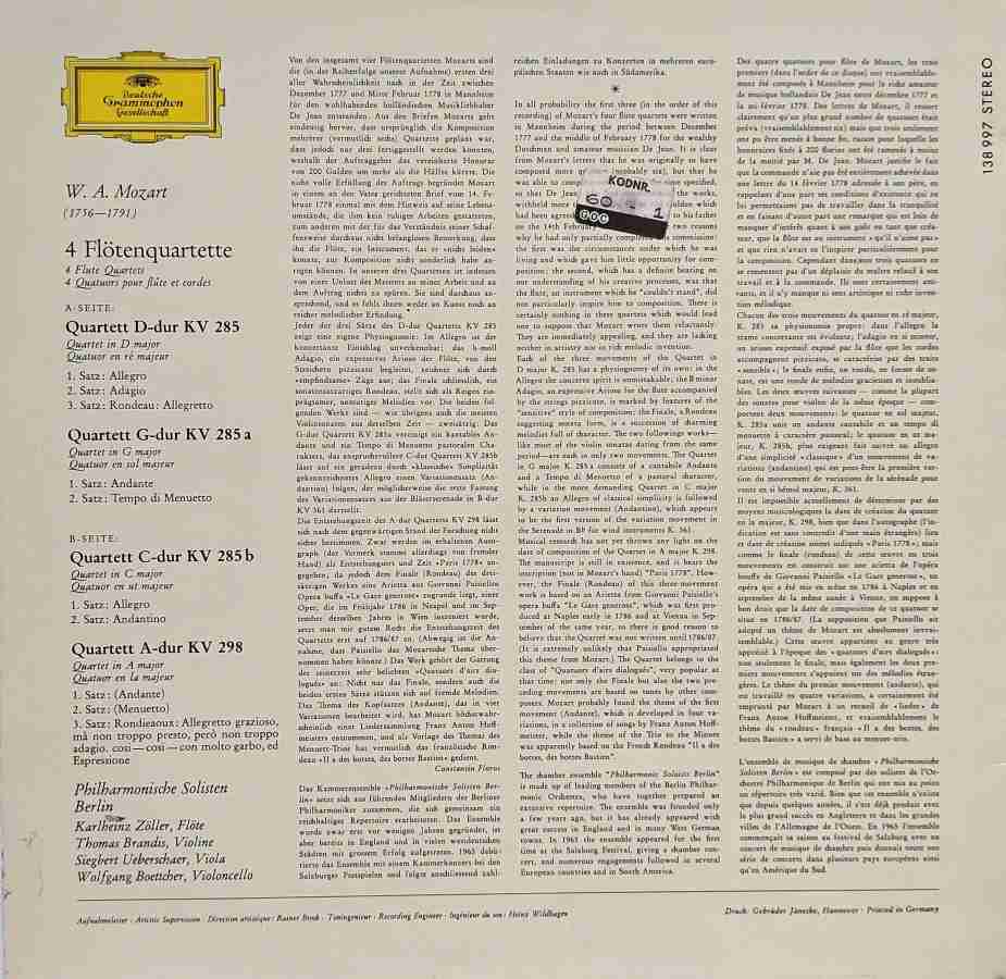 LP Wolfgang Amadeus Mozart - 4 FLÖTENQUARTETTE