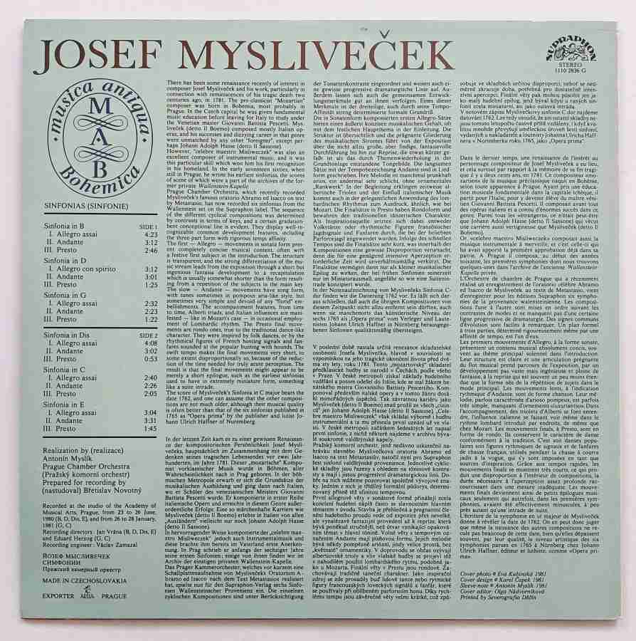 LP JOSEF MYSLIVEČEK - SINFONIAS