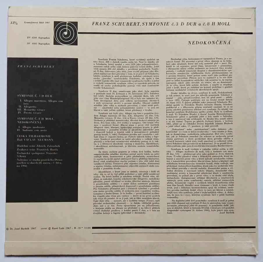 LP Franz Schubert - Symfonie č. 3 D dur a 8 H moll Nedokončená