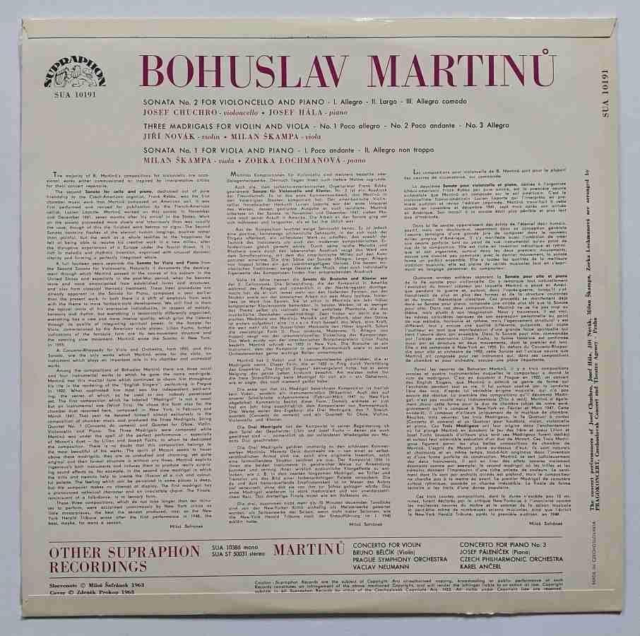 LP Bohuslav Martinů - Sonáta No. 2 for violoncello and piano