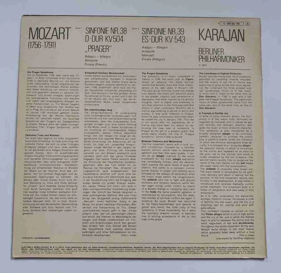 LP Mozart Sinfonie nr. 38 Prager and Sinfonie nr. 39 - Herbert von Karajan 1C 065-02 146