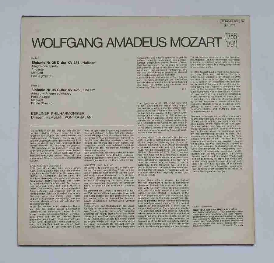 LP Mozart Sinfonie nr. 35 Haffner and Sinfonie nr. 36 Linzer - Herbert von Karajan 1C 065-02 146