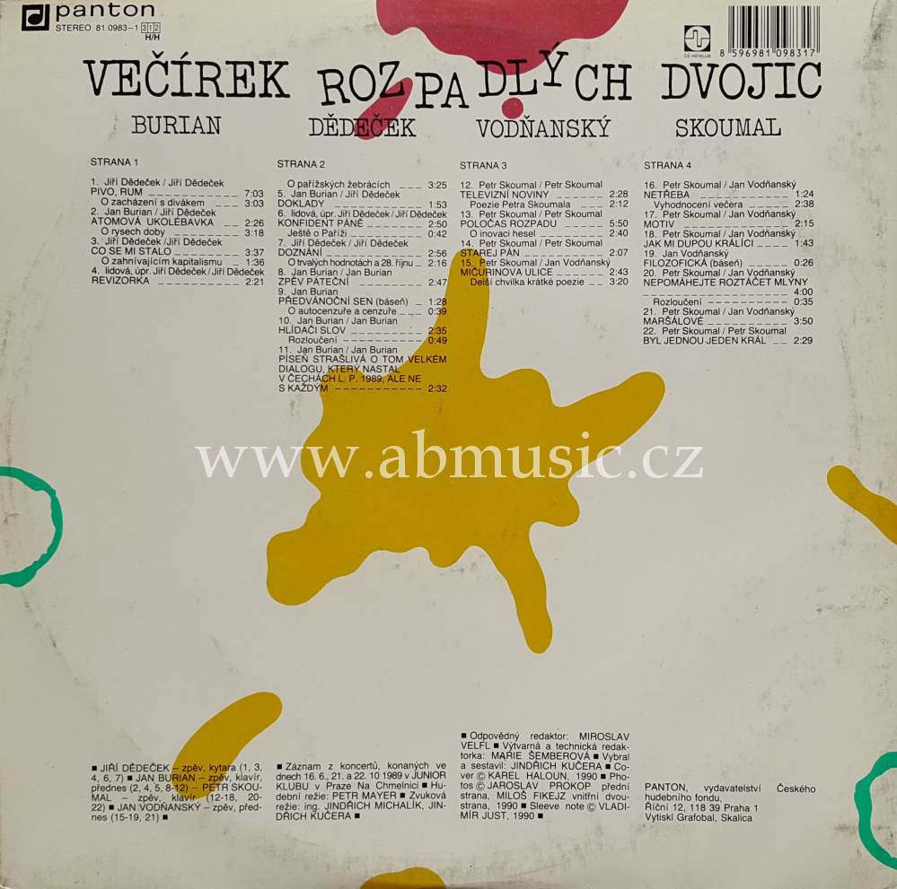 2 LP Večírek rozpadlých dvojic, Dědeček, Burian, Skoumal, Vodňanský, 1990