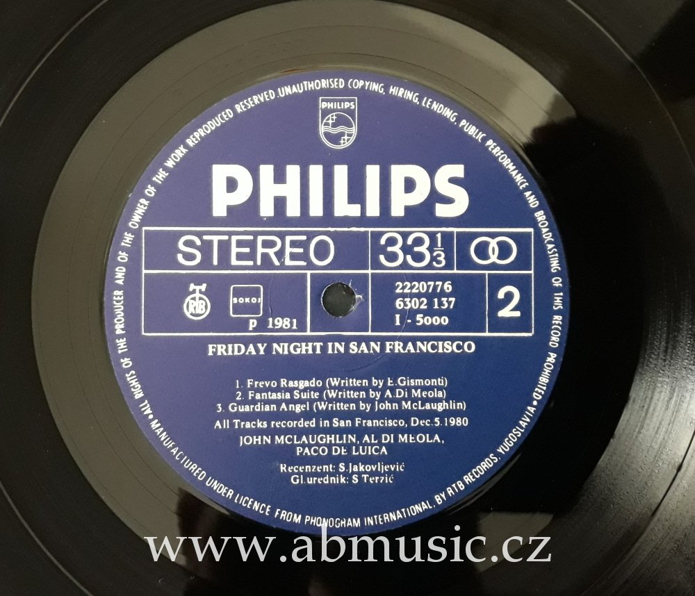 LP Al Di Meola / John McLaughlin / Paco De Lucia Friday Night In San Francisco